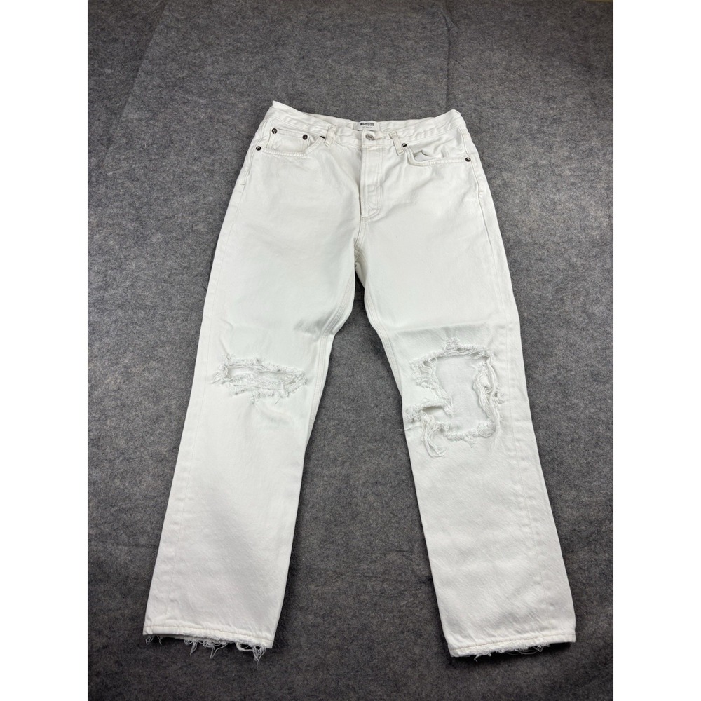 AGOLDE Riley White Distressed High Rise Straight Cropped Jeans Women's 29